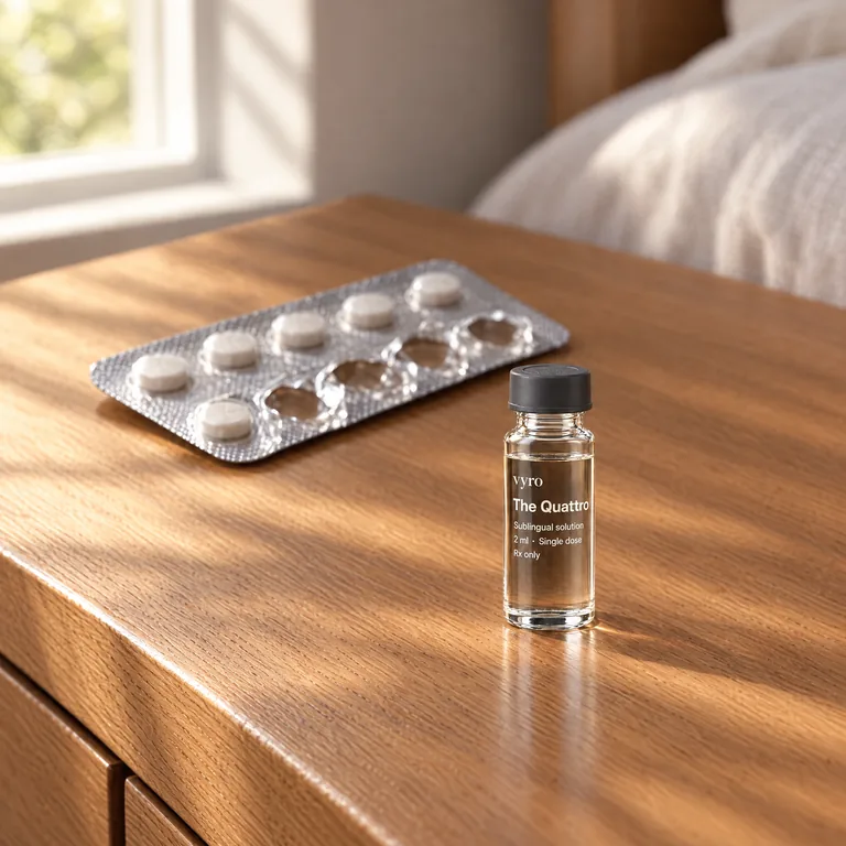A small sealed glass vial of The Quattro stands at the front of a wooden nightstand in morning light; behind it, out of focus, a half-used blister pack of plain tablets has been pushed to the back.